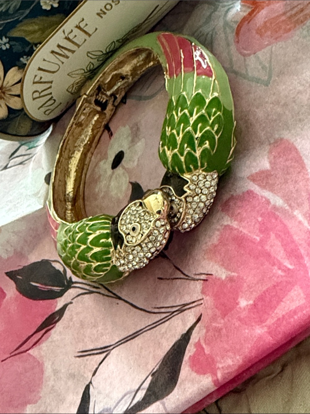 Parrot clamper bracelet green enamel black and pink with crystal gorgeous - Picture 14 of 17